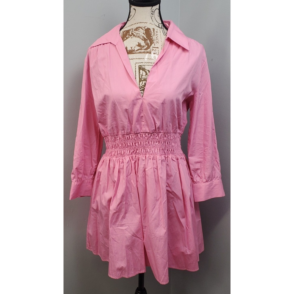 Zara Mini Dress Womens Medium Pink Long Sleeve Smocked Waist Collared V-Neck
